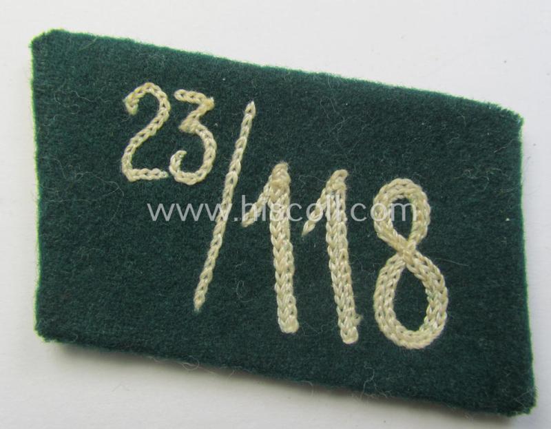 Attractive - albeit single! - SA (ie. 'Sturmabteilungen') collar-patch (ie. 'Kragenspiegel') as executed in darker-green-coloured wool as intended for an: 'SA-Mitglied' serving within the 'SA-Standarte 118' ('SA-Gruppe Kurpfalz o. Nordsee')