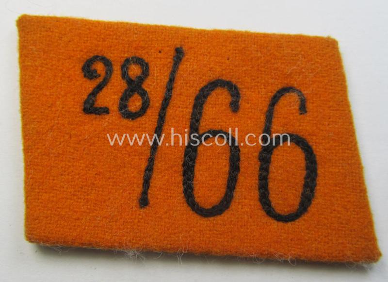 Attractive - albeit single! - SA (ie. 'Sturmabteilungen') collar-patch (ie. 'Kragenspiegel') as executed in orange-yellow-coloured wool as intended for an: 'SA-Mitglied' serving within the 'SA-Standarte 66' ('SA-Gruppe Elbe o. Neckar')