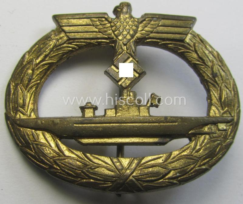 Superb - and I deem somewhat later-war-period - WH (Kriegsmarine) zinc- ie. 'Feinzink'-based, so-called: 'U-Bootkriegsabzeichen' (or: U-boat war-badge) being a (typical) non-marker-marked example as was produced by the: 'E.Ferd. Wiedmann'-company