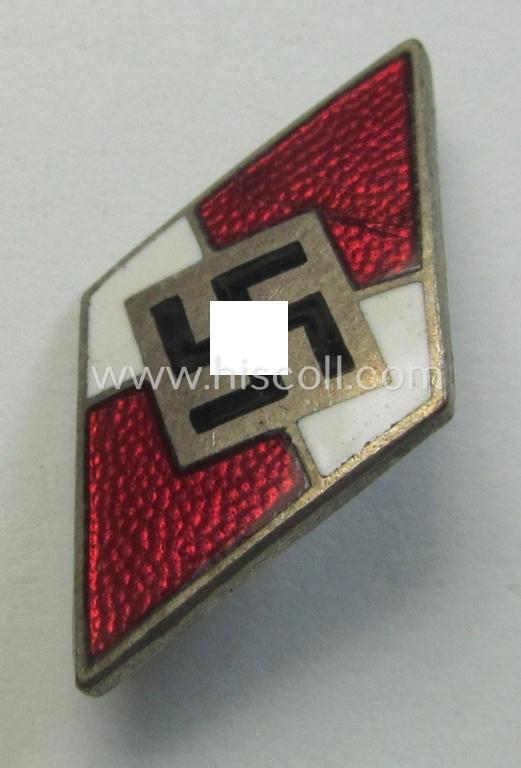 Neat - and scarcely found! - HJ (ie. 'Hitlerjugend') enamelled pin (ie.: 'Raute') as was specifically intended for insertion into the 'HJ-Fahrtenmesser' being a red-coloured example showing an: 'RzM - M1/8'-makers'-designation on its back