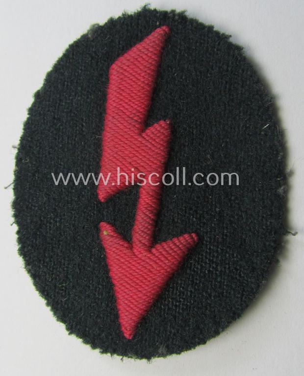 WH (Heeres) trade- and/or special-career-insignia ie. hand-embroidered 'signal-blitz' being a non-maker-marked and hand-embroidered example as executed in pink linnen as was specifically intended for a soldier within the: 'Pz- o. Panzerjäger-Truppen'