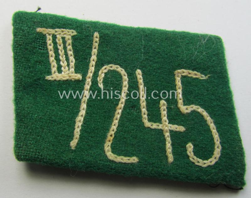 Attractive - albeit single! - SA (ie. 'Sturmabteilungen') collar-patch (ie. 'Kragenspiegel') as executed in darker-green-coloured wool as intended for an: 'SA-Mitglied' serving within the 'SA-Standarte 245' ('SA-Gruppe Kurpfalz o. Nordsee')