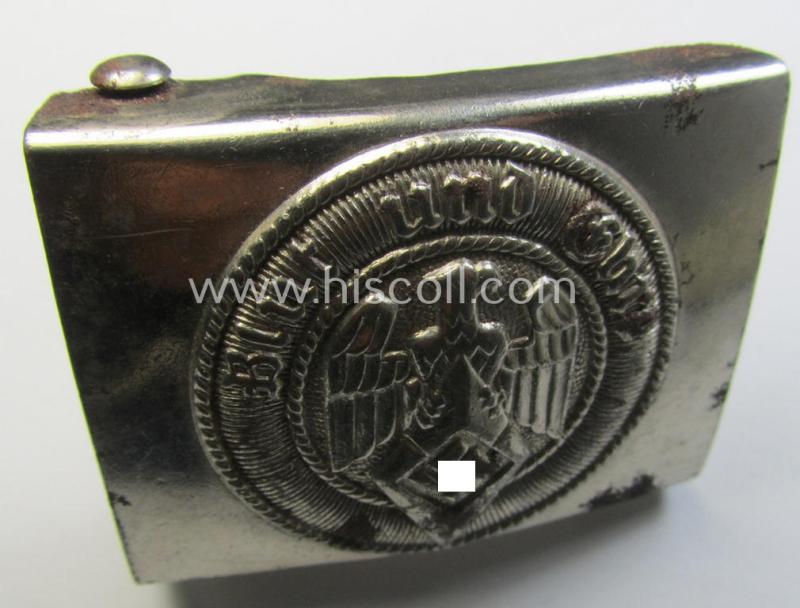 HJ (ie. 'Hitlerjugend') bright-silver-coloured- (ie. nickle-chrome-based and early-pattern) belt-buckle being a neatly maker- (ie. 'RzM M4/28'-) marked example that comes in a just moderately used- ie. worn and minimally rusted, condition