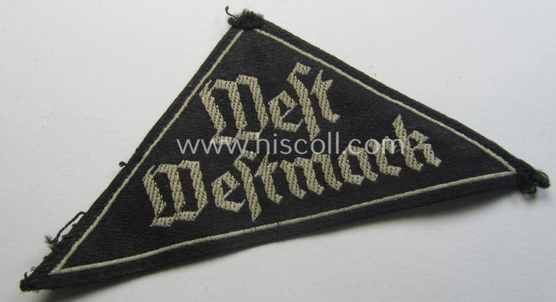 Neat, HJ/BDM ('Hitlerjugend' ie.: 'Bund Deutscher Mädel') district-triangle (ie. 'Gebietsdreieck') entitled: 'West Westmark' (being a truly used and/or worn example that misses its 'RzM'-etiket)