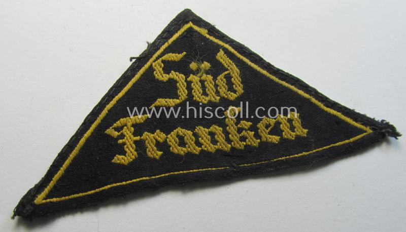 Neat - albeit truly used! - 'HJ' ('Hitlerjugend') district-triangle (ie. 'Gebietsdreieck') entitled: 'Süd Franken' (being a clearly used- ie worn example that regrettably misses its 'RzM'-etiket)