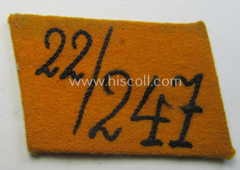 Attractive - albeit single! - SA (ie. 'Sturmabteilungen') collar-patch (ie. 'Kragenspiegel') as executed in golden-yellow-coloured wool as intended for an: 'SA-Mitglied' serving within the 'SA-Standarte 247' ('SA-Gruppe Elbe o. Neckar')