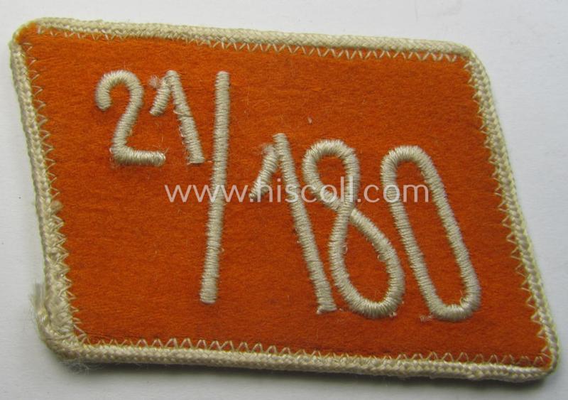 Attractive - albeit single! - SA (ie. 'Sturmabteilungen') collar-patch as executed in golden-yellow-coloured wool (and piped in white!) as intended for an: 'SA-Mitglied' serving within the 'SA-Standarte 180' ('SA-Gruppe Elbe o. Neckar')