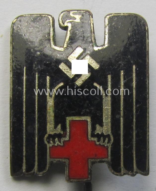 Attractive - multi-coloured- and/or neatly enamelled! - DRK (ie. 'Deutsches Rotes Kreuz') civil-attire badge (ie. 'Zivilabzeichen des D.R.K.') being a detailed example that shows an: 'ELM'-makers'- and/or: 'Ges.Gesch.'-patent-designation