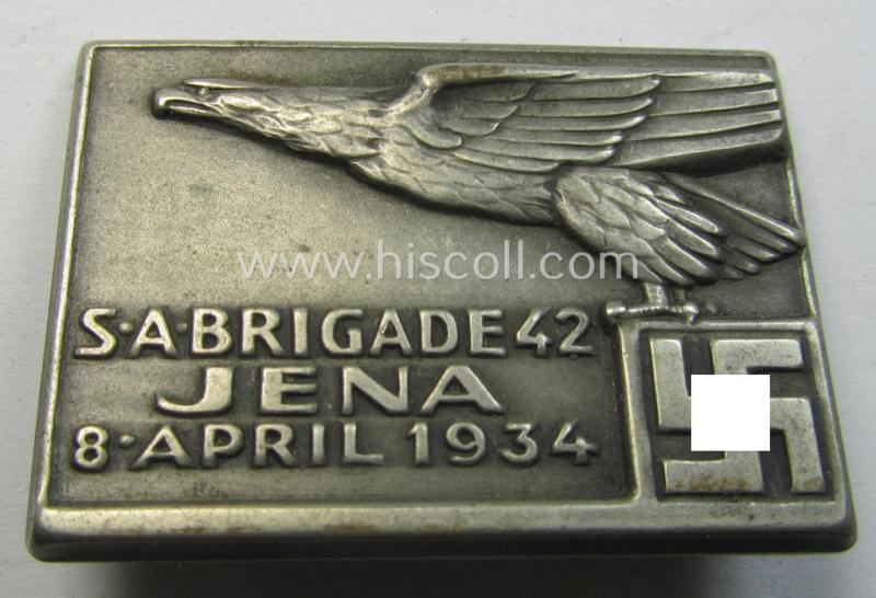 Commemorative - and scarcely seen! - so-called: SA- (ie. 'Sturmabteilungen'-) related 'tinnie' showing a detailed eagle-device resting on a swastika coupled with the text: 'SA-Brigade 42 - Jena - 8. April 1934'