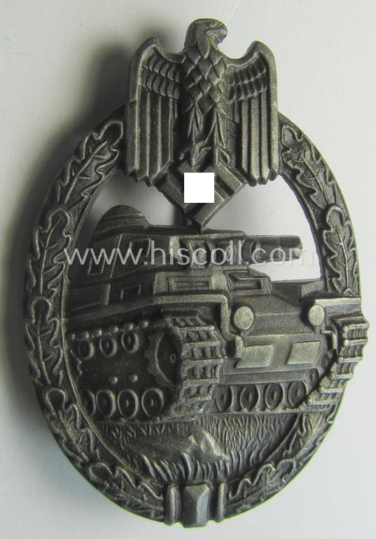 Attractive, 'Panzerkampf-Abzeichen in Bronze' (or: bronze-class panzer-assault-badge ie. PAB) being a clearly maker- (ie. small 'W'-!) marked and zinc-based, so-called: 'flat-back'-example as was produced by the: 'Karl Würster'-company