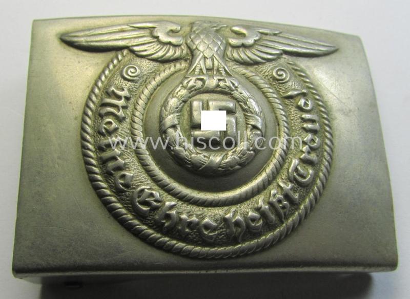 Attractive, early-period- SS- (ie. Allgemeine-SS o. Waffen-SS) EM- (ie. NCO-) type belt-buckle (being a typical, nickle-chrome-based- and/or: 'O & C - ges.gesch.' (= 'Overhoff & Cie'-) marked example that comes in a used- ie. worn, condition