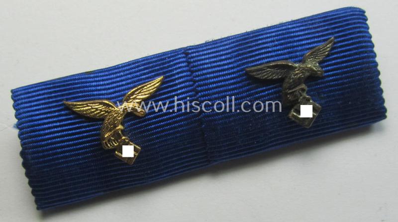 Neat, 2-pieced ribbon-bar (ie. 'Band- o. Feldspange') as was intended for two WH (Luftwaffe) 'Dienstauszeichnungen für 4 u. 12 Jahre Treue Dienste' (both having a miniature, golden- ie. silver-toned and/or 'down-tailed' eagle-device period-attached)