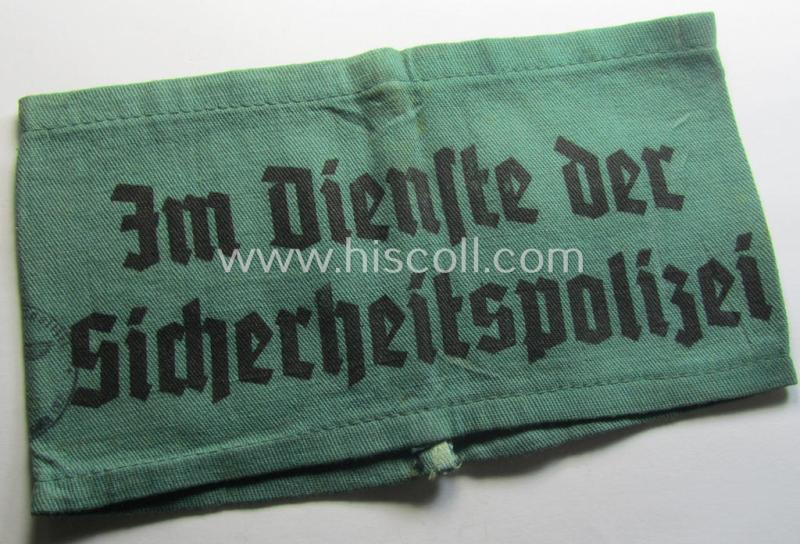 Superb - and actually scarcely encountered! - enlisted-mens'- (ie. NCO-) type (printed) armband as was intended for usage by a member who served within the 'Sicherheitsdienst'- (ie. 'SD'-) related so-called: 'Schützmannschaften' (ie. 'Schuma')