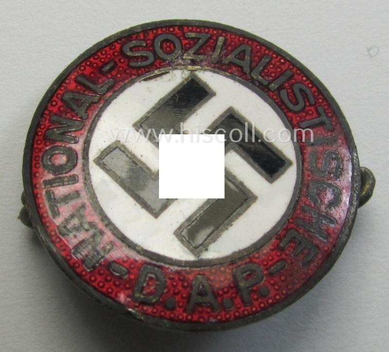 Attractive - smaller-sized, early-period, bright-red-coloured and nicely preserved! - 'N.S.D.A.P.'-membership-pin- ie. party-badge (or: 'Parteiabzeichen') which is maker-marked on its back with an: 'RzM 8'-designation