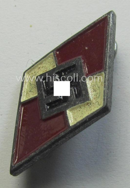 Neat - albeit moderately worn! - HJ (ie. 'Hitlerjugend') painted ie. sprayed lapel-pin (ie.: 'Raute') being a bright-red-coloured- and/or detailed - and non-cleaned and untouched! - example showing an: 'RzM - M1/77'-makers'-designation