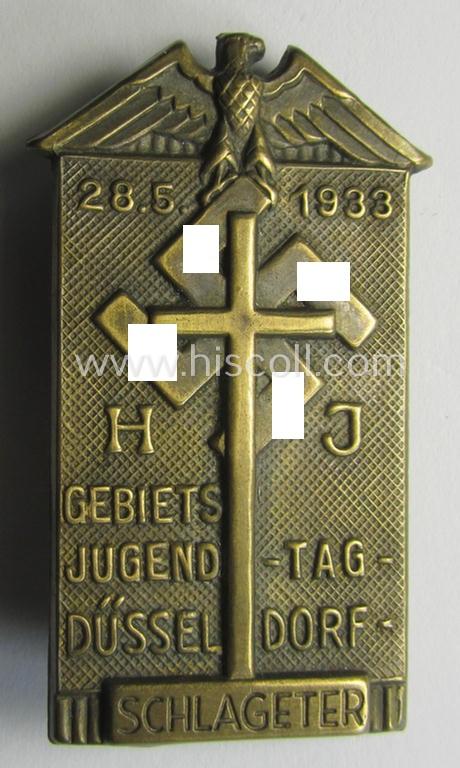 Attractive - and actually scarcely encountered! - HJ ('Hitlerjugend') related 'tinnie' being a maker- (ie. 'Paulmann & Crone'-) marked example showing the text: 'Schlageter HJ-Gebiets-Jugendtag - Düsseldorf - 28.5.1933'