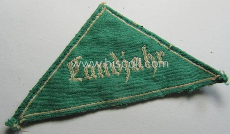 Attractive - and fairly scarcely encountered! - HJ (ie. 'Hitlerjugend') honorary-district-triangle (ie. 'Gebietsdreieck') entitled: 'Landjahr' being an example that comes in an overall nice (albeit moderately used ie. worn condition)