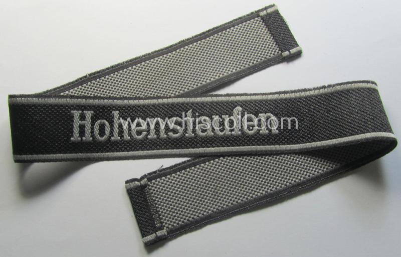 Superb - and I deem just minimally used! - 1943/44-pattern 'BeVo'-woven Waffen-SS cuff-title, depicting the machine-woven 'Latin'-script text in silver-grey linnen as was intended for a member of the: '9. SS-Panzer-Division' “Hohenstaufen”