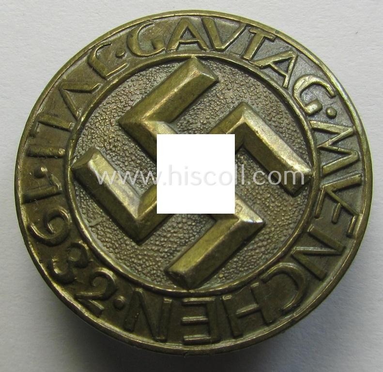 Unusually-found - luxuriously-styled, very detailed and pronounced! - golden-bronze-toned, N.S.D.A.P.-related day-badge (ie. 'tinnie' or: 'Veranstaltungsabzeichen') as was issued to commemorate the: 'Gautag . Muenchen . Juli 1932'