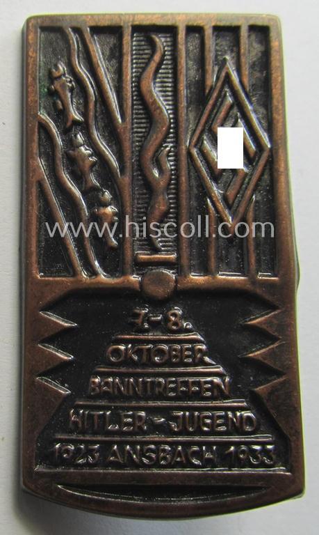 Attractive - and early-period! - HJ ('Hitlerjugend') related 'tinnie' being a non-maker-marked) example that is showing a 'HJ-Raute' and fire coupled with a text that reads: '7.-8. Oktober - Banntreffen Hitlerjugend - 1923 - Ansbach - 1933'