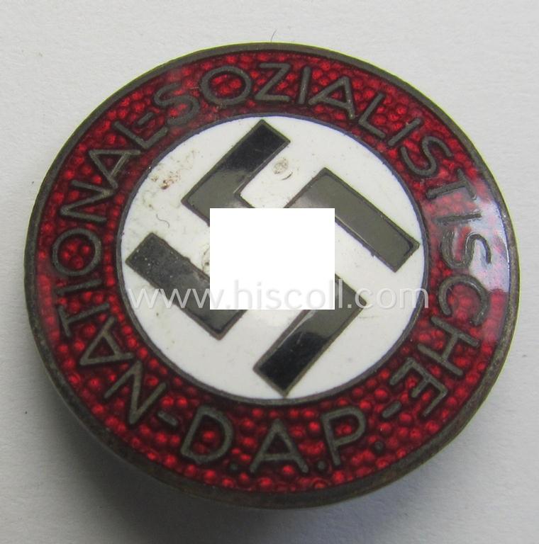 Superb - and nicely preserved! - 'N.S.D.A.P.'-membership-pin- ie. party-badge (or: 'Parteiabzeichen') bearing the makers'-designation: 'RzM' and/or: 'M1/77' (thus being produced by the 'Foerster & Barth'-company)