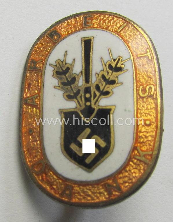 Neatly enamelled - and scarely found! - bright-orange-coloured, 'Reichsarbeitsdienst'- (ie. RAD-) related: 'Mitglieds- o. Zivil-Abzeichen' being a patent-pending- (ie. 'Ges.Gesch.'- & 'HA'-) marked example that shows the text: 'Arbeitsdank'