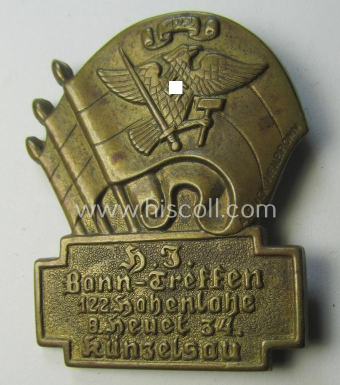 Superb - and scarcely encountered! - HJ- (Hitlerjugend-) related day-badge (ie. 'tinnie' or: 'Veranstaltungsabzeichen') as was issued to commemorate a HJ-related gathering named: 'H.J. Bann-Treffen - 122. Hohenlohe - 8. Heuel 34 - Künzelsau'