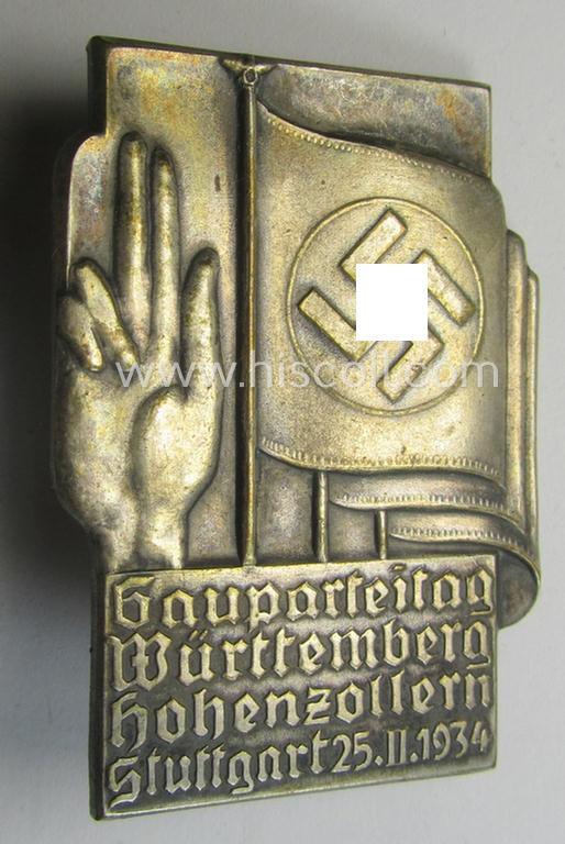 Attractive, commemorative - and I deem 'Buntmetall'-based - N.S.D.A.P.-related 'tinnie', being a non-maker marked example depicting an 'oath-taking hand' and swastika-flag and text: 'Gauparteitag Württemberg Hohenzollern - Stuttgart - 25.II.1934'