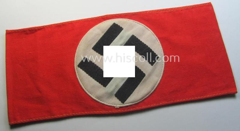 Superb - and hardly ie. even never used! - so-called: N.S.D.A.P.-related party-armband (ie. 'Armbinde') being of the 'partly woven'-pattern showing an interwoven ie. 'machine-embroidered' swastika (ie. roundel)