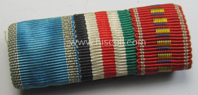 Neat, 3-pieced medal-bar (ie. 'Band- o. Feldspange') showing resp. the ribbons for a: Bulgarian medal: 'Za Hrabrost', a: 'Deutsch-Italienische Feldzugsmedaille' and a Romanian medal: 'Kreuzzug gegen den Kommunismus'