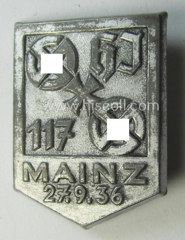 Attractive - and most certainly scarcely encountered! - HJ (ie. 'Hitlerjugend') related 'tinnie' being a non-maker-marked example as executed in silver-toned 'pot-metal' and showing the text: '117 - Mainz - 27.9.36'