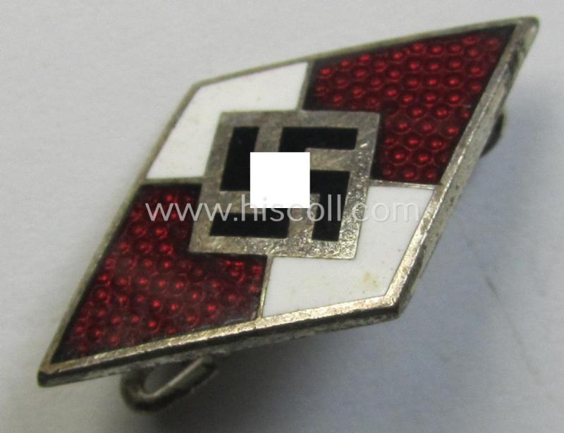 Neat - albeit moderately worn! - HJ (ie. 'Hitlerjugend') enamelled lapel-pin (ie.: 'Raute') being a bright-red-coloured- and/or detailed - and non-cleaned and untouched! - example showing an: 'RzM - M1/128'-makers'-designation