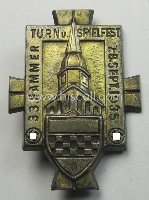 Unusual, 'Deutscher Turnerbund'-related 'tinnie' being a non-maker-marked example depicting a building (ie. church), double swastika and text that reads: '33. Hammer Turn- u. Spielfest - 7.-8. Sept. 1935'