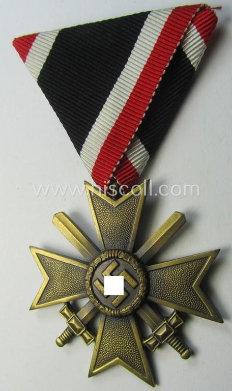 Medal-set: 'KvK II. Klasse mit Schwertern' being a (typical) non-maker-marked- (and 'Buntmetall'-based) specimen that came mounted onto its (scarcely seen!) bright-red-coloured- and/or Austrian-styled ribbon (ie. 'Bandabschnitt')