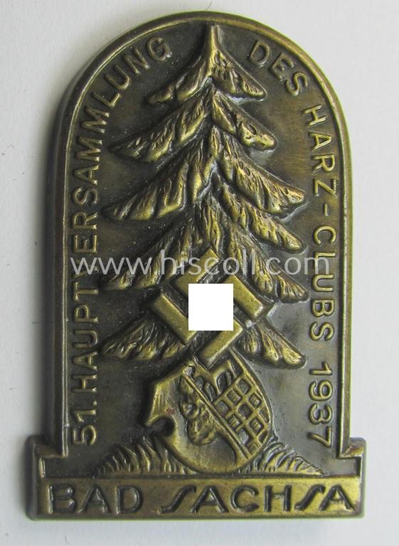 Commemorative, golden-bronze-toned N.S.D.A.P.-related day-badge (ie. 'tinnie' or: 'Veranstaltungsabzeichen') as was issued to commemorate participation within the: '51. Hauptversammlung des Harz-Clubs - Bad Sachsa - 1937'