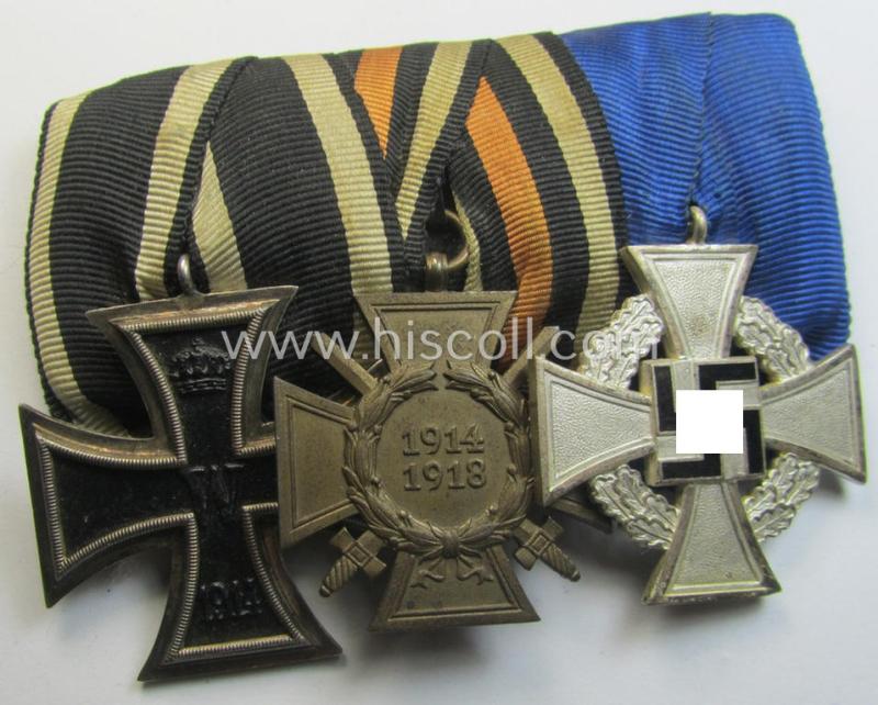 Attractive, three-pieced 'WWI'- and/or TR-related medal-bar (ie. 'Ordenspange') resp. depicting a WWI-period: 'EK II.Kl.', a: 'FKK 1914-18' and a: 'TD-Ehrenzeichen der 2. Klasse'