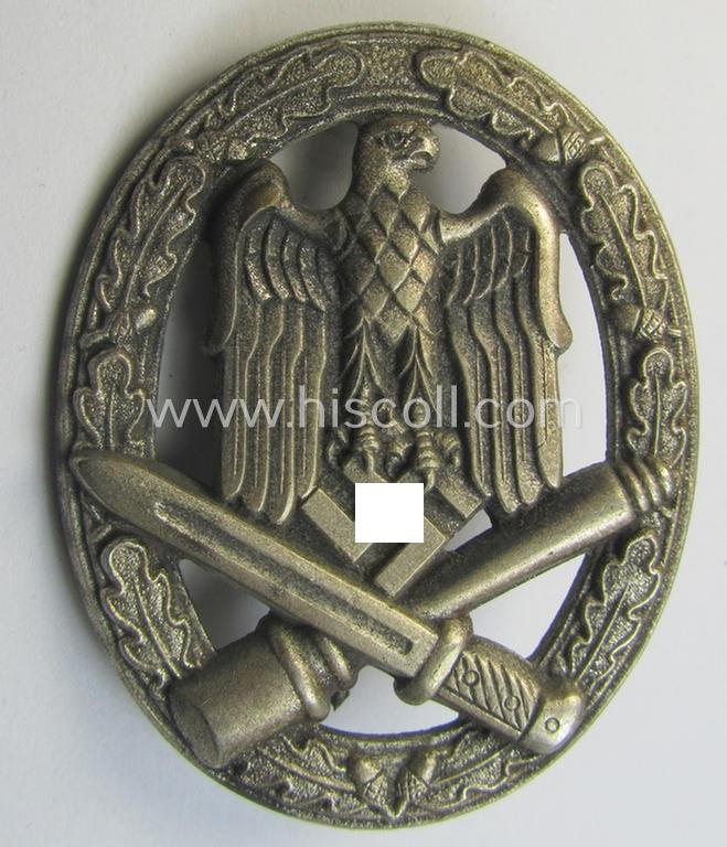 Superb, 'Allgemeines Sturmabzeichen' (or: Gen. Assault Badge ie. GAB) being a non-maker-marked, zinc- (ie. 'Feinzink'-) based: 'flat-back-variant' as was (presumably) produced by the desirable, Austrian maker (ie. 'Hersteller'): 'Wilh. Hobacher'