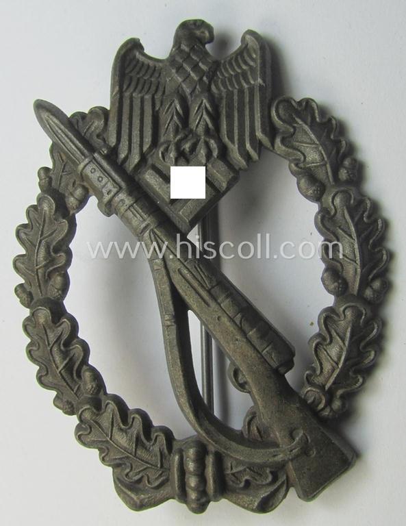 Superb, 'Infanterie Sturmabzeichen in Bronze' being a maker-marked (and/or very converse- ie. vaulted-) 'hollow-back' example by the maker: 'Friedrich Linden' (ie. 'F.L.L.') as was executed in bronze-coloured, zinc-based metal (ie. 'Feinzink')