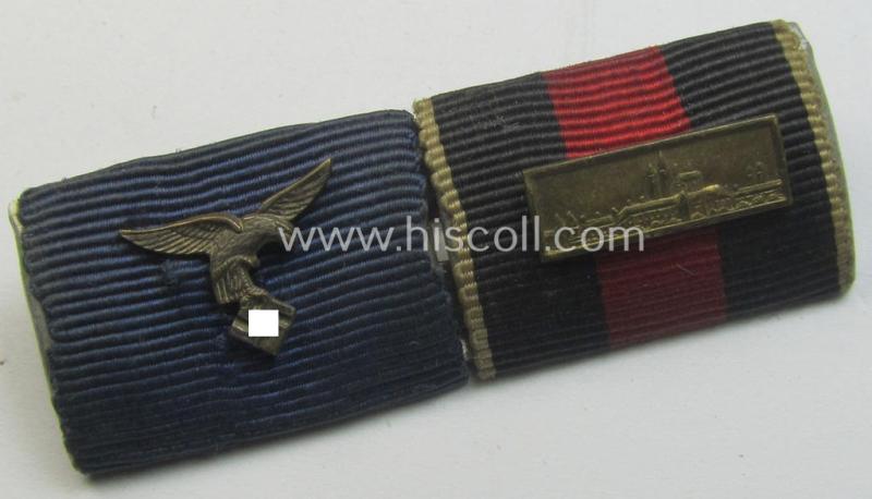 Attractive, two-pieced WH (Luftwaffe) ribbon-bar (ie. 'Band- o. Feldspange') that is showing the ribbons for a: WH (LW) 'DA 4. St.' and a Czech 'Anschluss'-medal (and having a detailed miniature 'Prager Burg-Spange' period-attached)