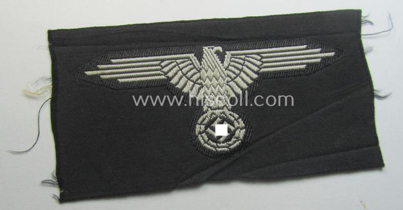 Superb, mid- (ie. later-war-) pattern, 'SS' (ie. 'Waffen-SS') so-called: 'BeVo-weave-style', enlisted-mens'- ie. NCO-pattern arm-eagle (ie. 'Ärmeladler für Mannschaften u. Unterführer') as was intended for usage by the various Waffen-SS troops