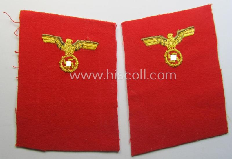 Interesting - and matching! - pair of N.S.D.A.P.-type collar-patches (ie. 'Kragenspiegel für pol. Leiter') being a pair of so-called: 'Halbfabrikate' as was intended for an official at 'Gau'-level and that comes in a clearly unfinished condition