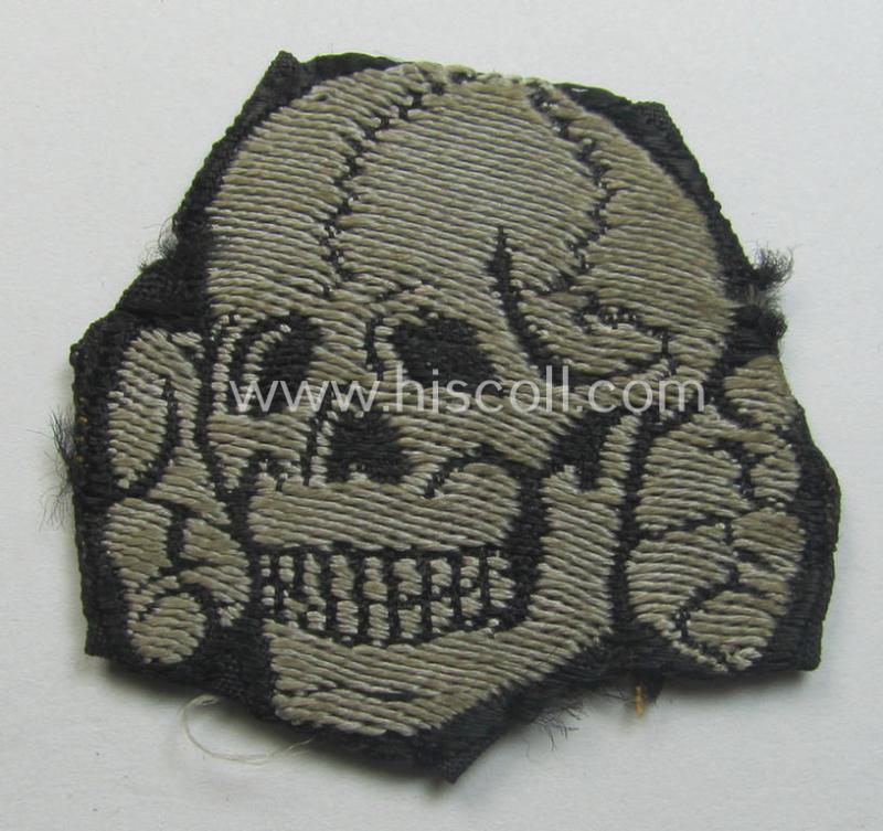 Superb - and nowadays truly rarely encountered! - Waffen-SS, 'BeVo'-woven-style skull (ie. 'Totenkopf für Schiffchen o. Einheitsfeldmütze') that comes in a minimally used-, condition