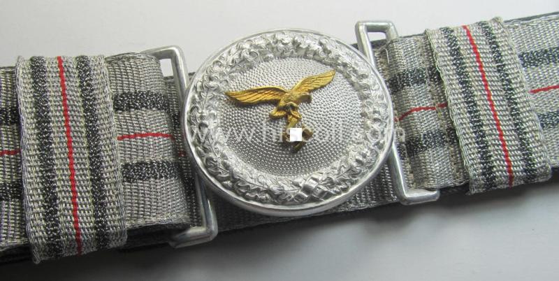 Superb - and/or fully untouched! - WH (Luftwaffe) 'standard-pattern', officers'-dress-model, aluminium-based belt-buckle and 'brocade'-based belt that comes complete in its box as issued and/or stored for decades