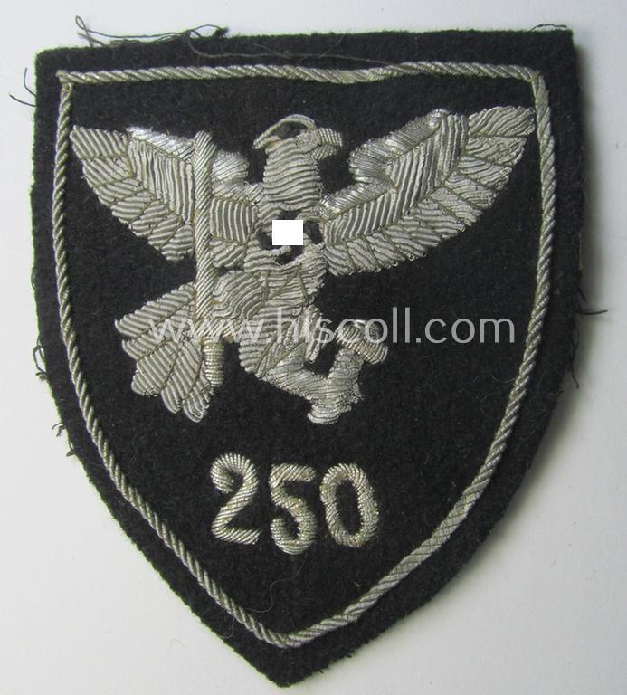 Superb - and rarely encountered! - neatly hand-embroidered, HJ (ie. Hitlerjugend) 'Ärmelabzeichen für Fahnenträger des HJ-Bannes 250' being a just moderately used- ie. worn, example