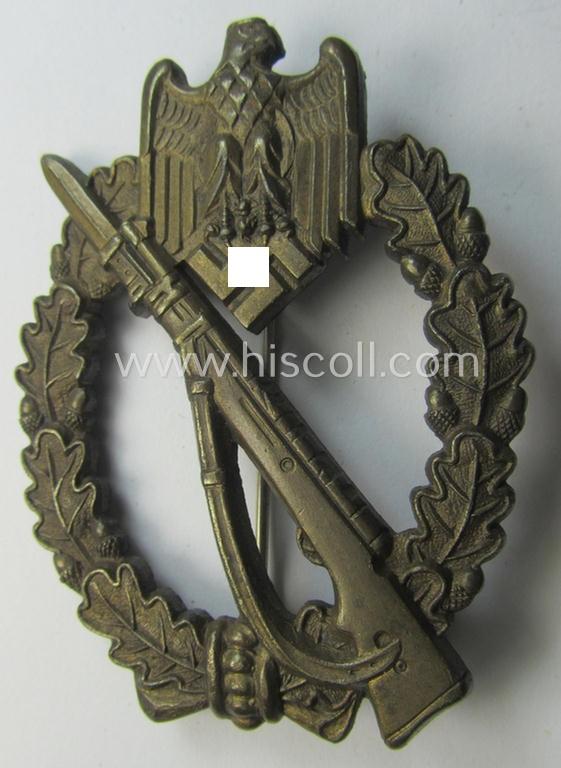 Superb - and hardly worn! - 'Infanterie Sturmabzeichen in Bronze' being a clearly maker- (ie. 'AS' in a triangle-) marked- and/or typical zinc- (ie. 'Feinzink'-) based specimen as was procuced by a to date unknown maker