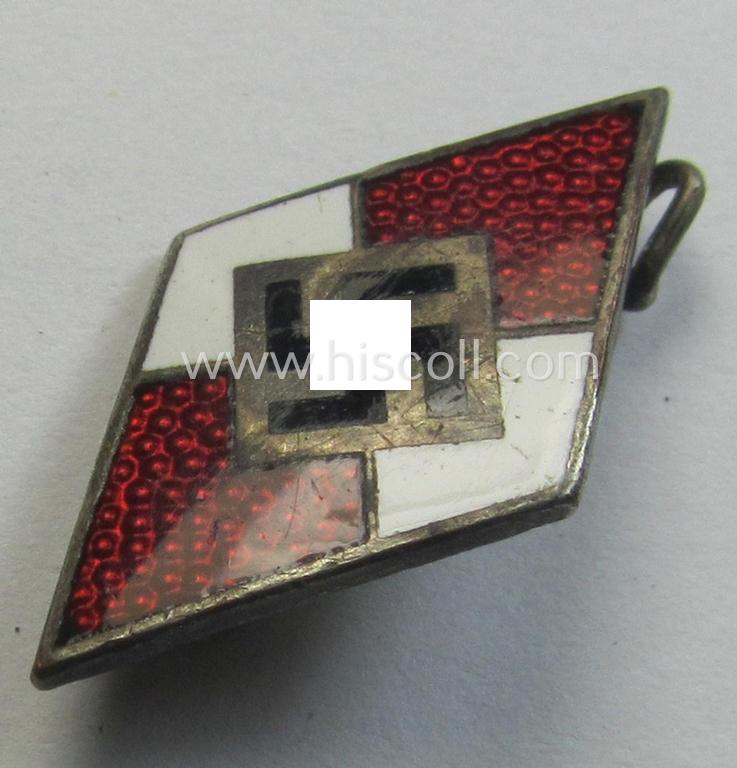 Neat - albeit moderately worn! - HJ (ie. 'Hitlerjugend') enamelled lapel-pin (ie.: 'Raute') being a bright-red-coloured- and/or detailed - and non-cleaned and untouched! - example showing an: 'RzM - M1/63'-makers'-designation