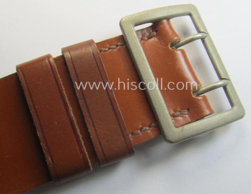 Superb, WH (Heeres-, Luftwaffe ie. Waffen-SS) light-brown- (ie. natural-) coloured- and/or genuine leather-based officers'-type-belt (ie. 'Zweidornschnalle für Offiziere') being a hardly used- nor worn example