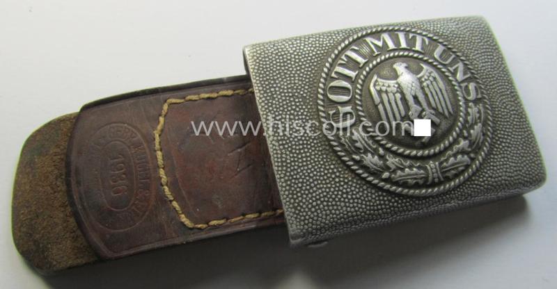 Attractive - albeit truly used! - WH (Heeres) 'standard-pattern', field-grey-toned- and aluminium-based belt-buckle being a non-maker-marked example that comes mounted onto its 'Gebr. Kugel & Fink'-marked and/or '1936'-dated tab