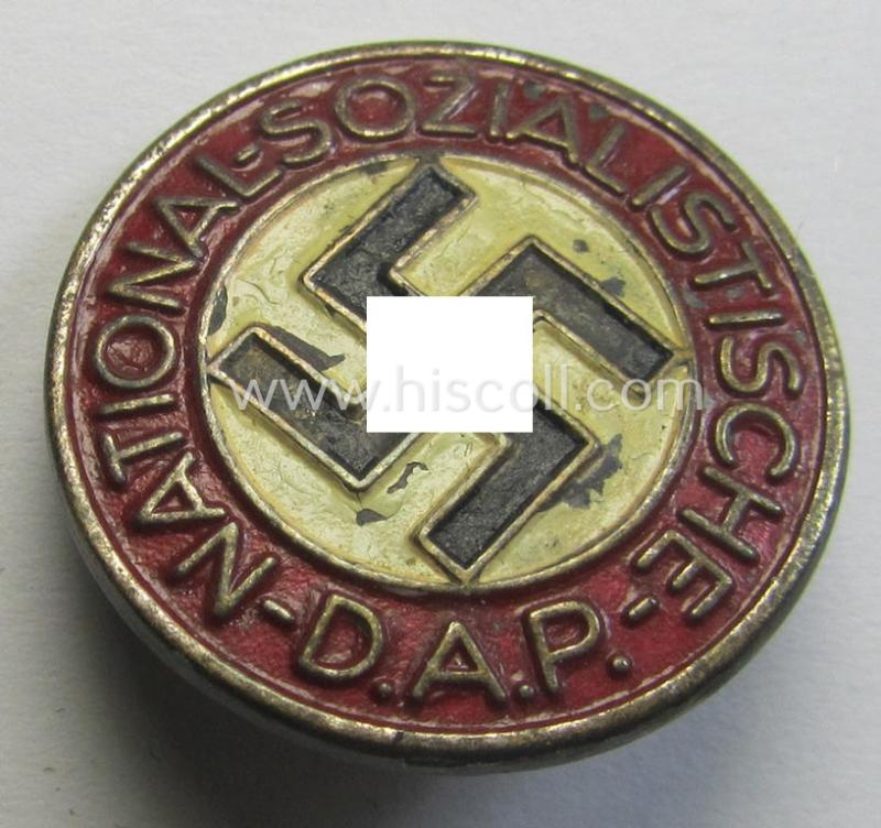 Neat, non-enamelled (ie. painted/sprayed) red-coloured- and/or 'variant'-pattern 'N.S.D.A.P.' membership-pin- ie. party-badge (or: 'Parteiabzeichen') which is nicely maker-marked on the back with the makers'-designation: 'RzM' and/or: 'M1/63'