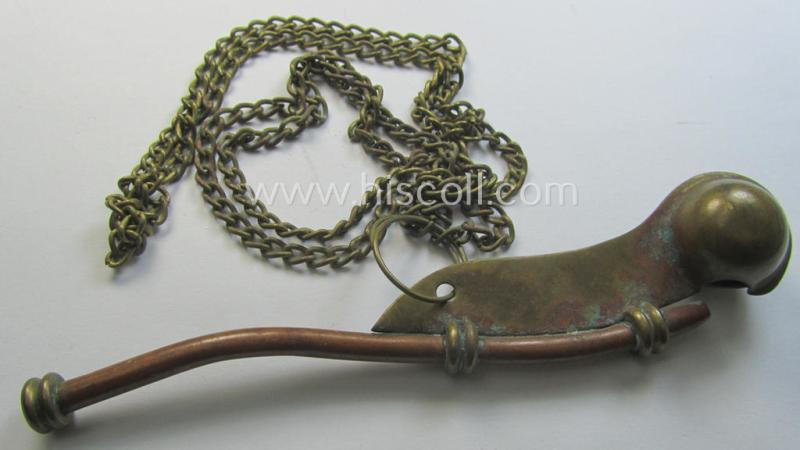 Neat, WH (Kriegsmarine) personal-equipment-item: a yellowish-golden-coloured- and (I deem) copper-based flute (ie. 'Bootsmanns-Flöte') that comes mounted onto its original chain as worn